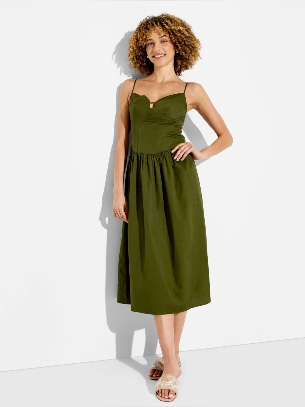 Wild Fable Olive Green Strappy Midi Dress with cup detail and smocking NWT